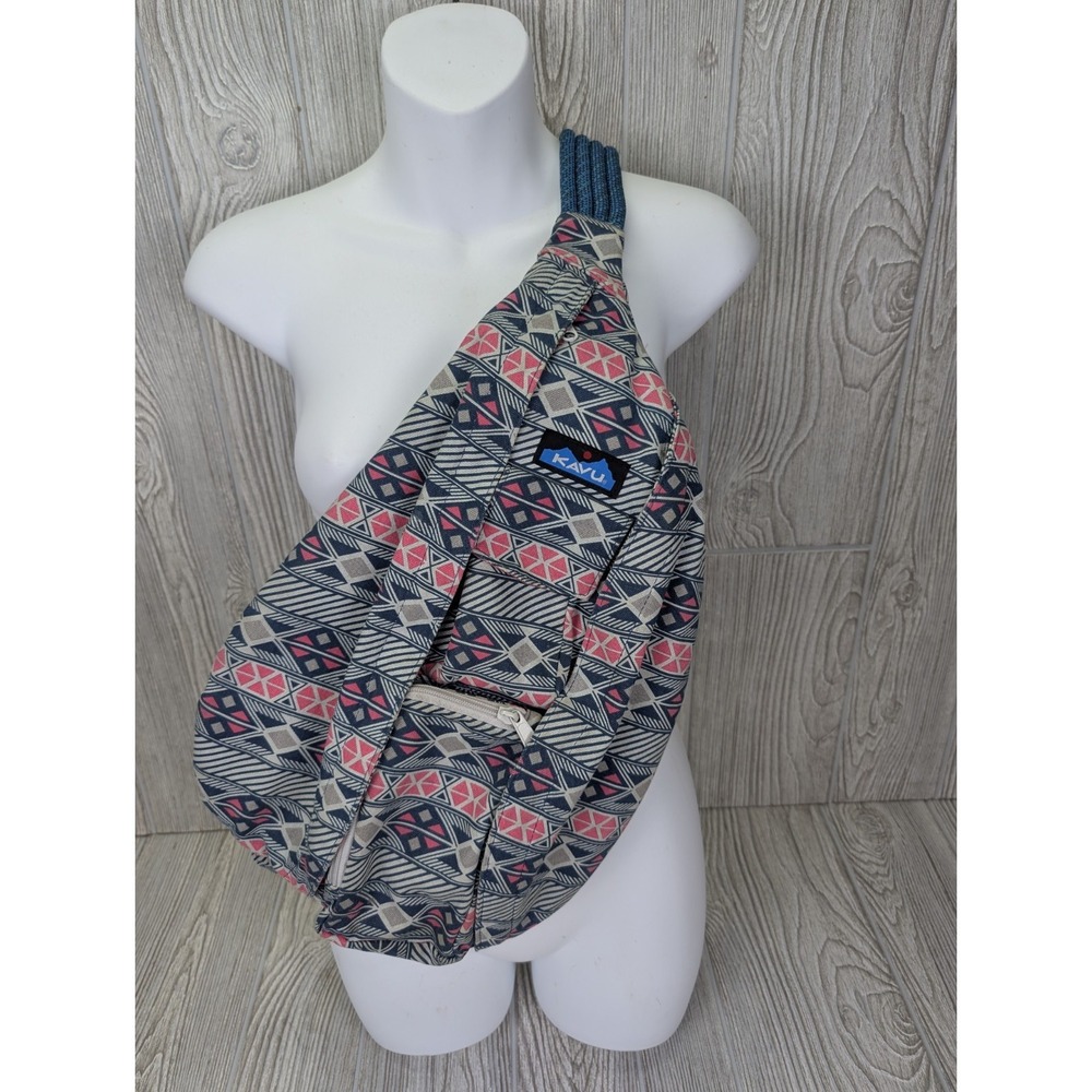 KAVU Rope Sling Crossbody Bag Pink Navy Teal Backpack Hiking Outdoor Geometric